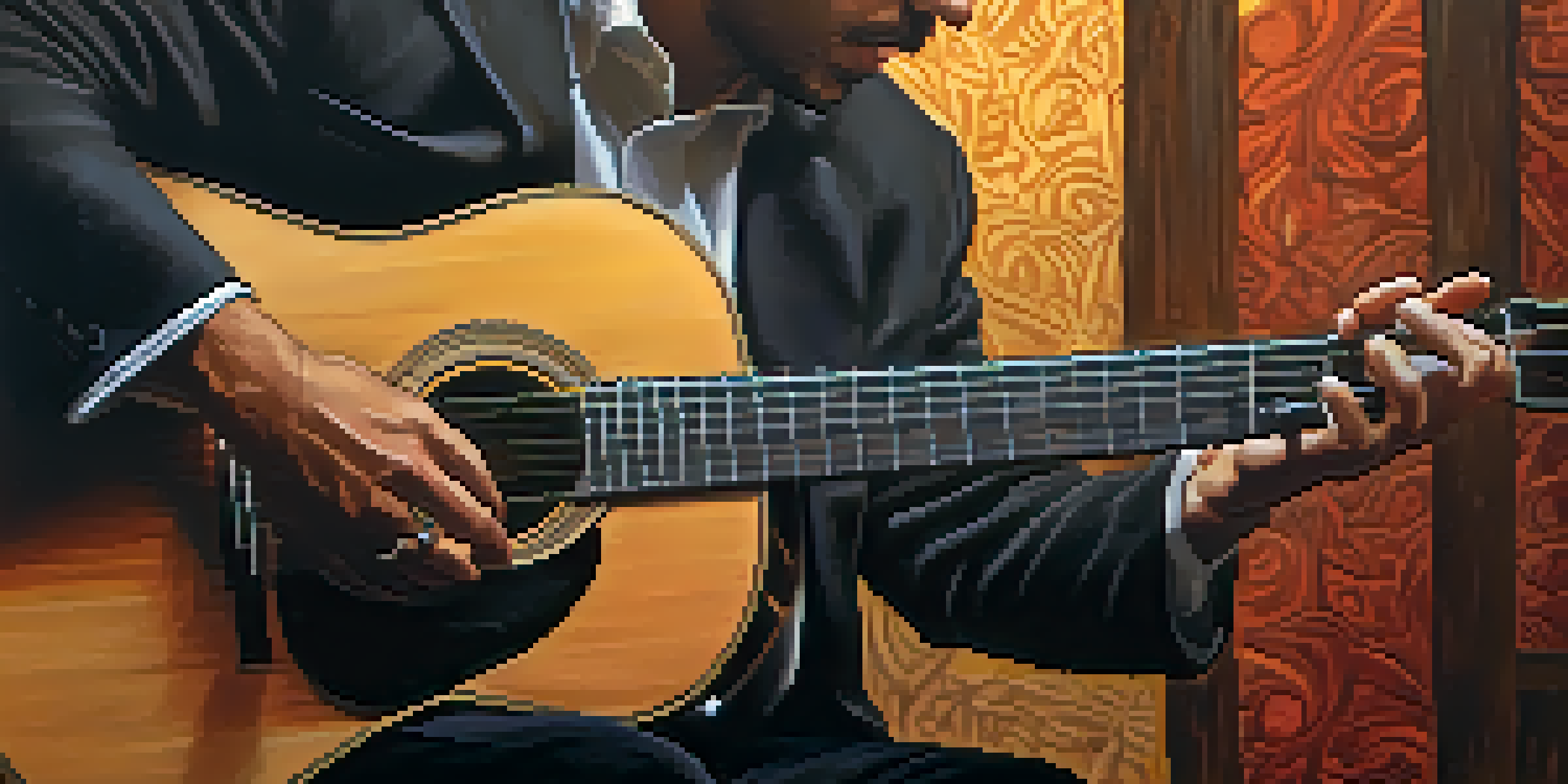A guitarist's hands playing a flamenco guitar in a rustic Spanish setting, showcasing intricate fingerpicking techniques.