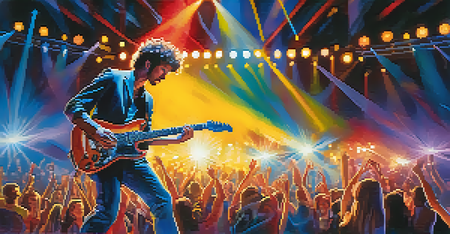 A musician playing an electric guitar on stage, surrounded by colorful lights and an enthusiastic crowd.