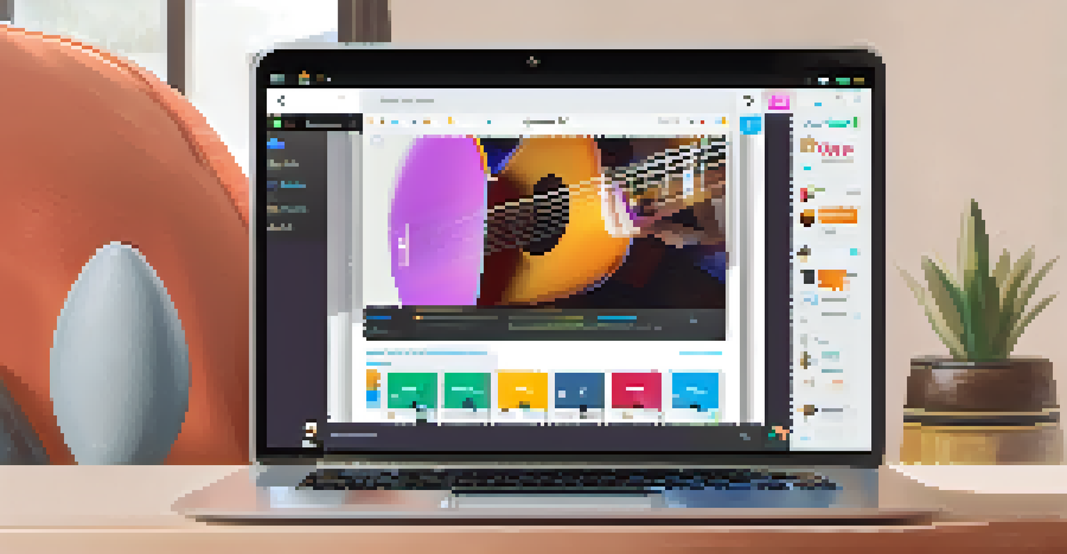 An online guitar learning platform interface on a laptop screen, showcasing a video lesson with engaging graphics and a person sitting in a relaxed manner.