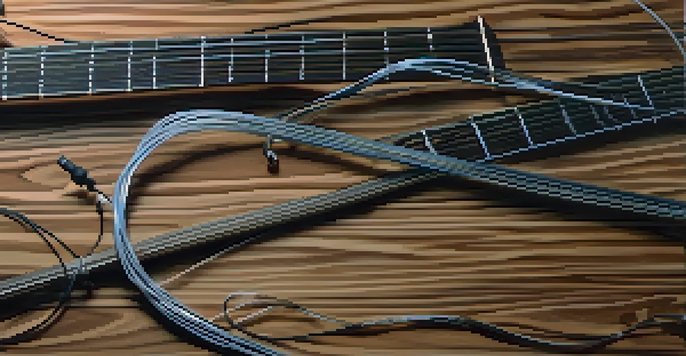 Close-up view of different guitar strings made of nickel, steel, and nylon, arranged on a wooden surface under warm natural light.