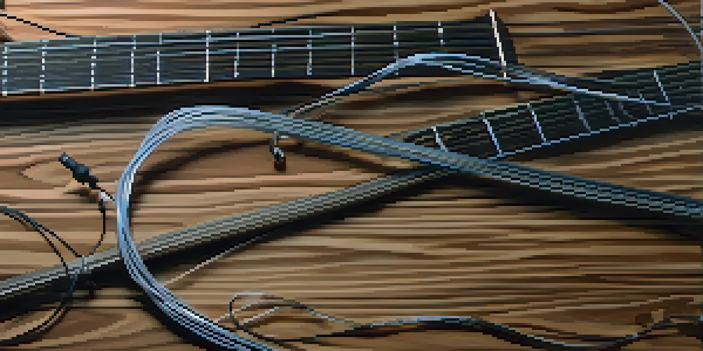Close-up view of different guitar strings made of nickel, steel, and nylon, arranged on a wooden surface under warm natural light.