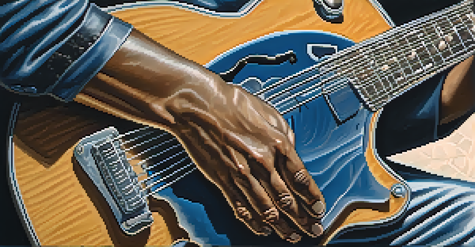 A close-up of a guitarist's hands playing a resonator guitar on a dimly lit stage with blue lighting.