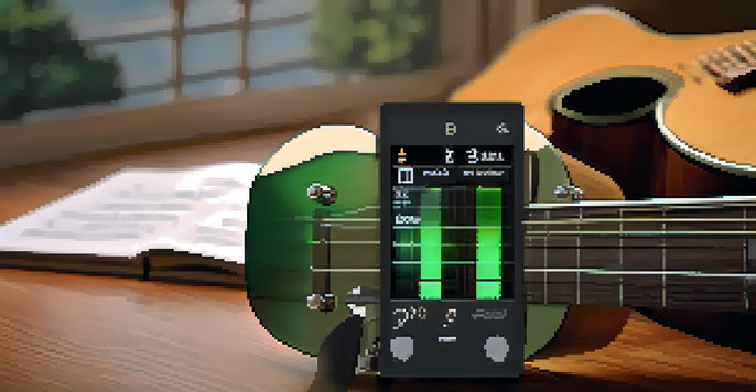 A digital tuner attached to an acoustic guitar, displaying a green light for perfect pitch, with soft natural light and sheet music in the background.