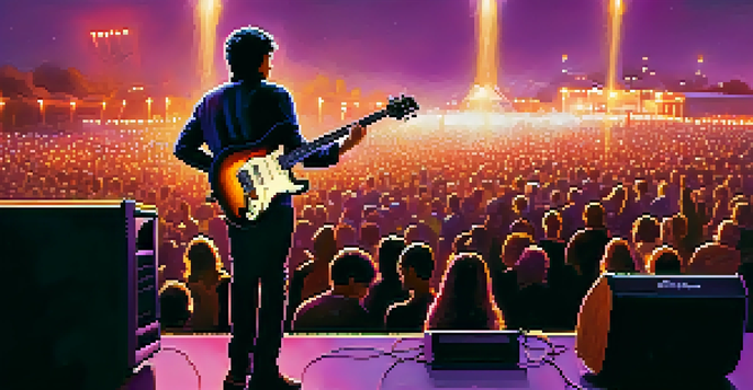 A guitarist performing at an outdoor concert with vibrant lights and an audience captivated, against a dusk sky.