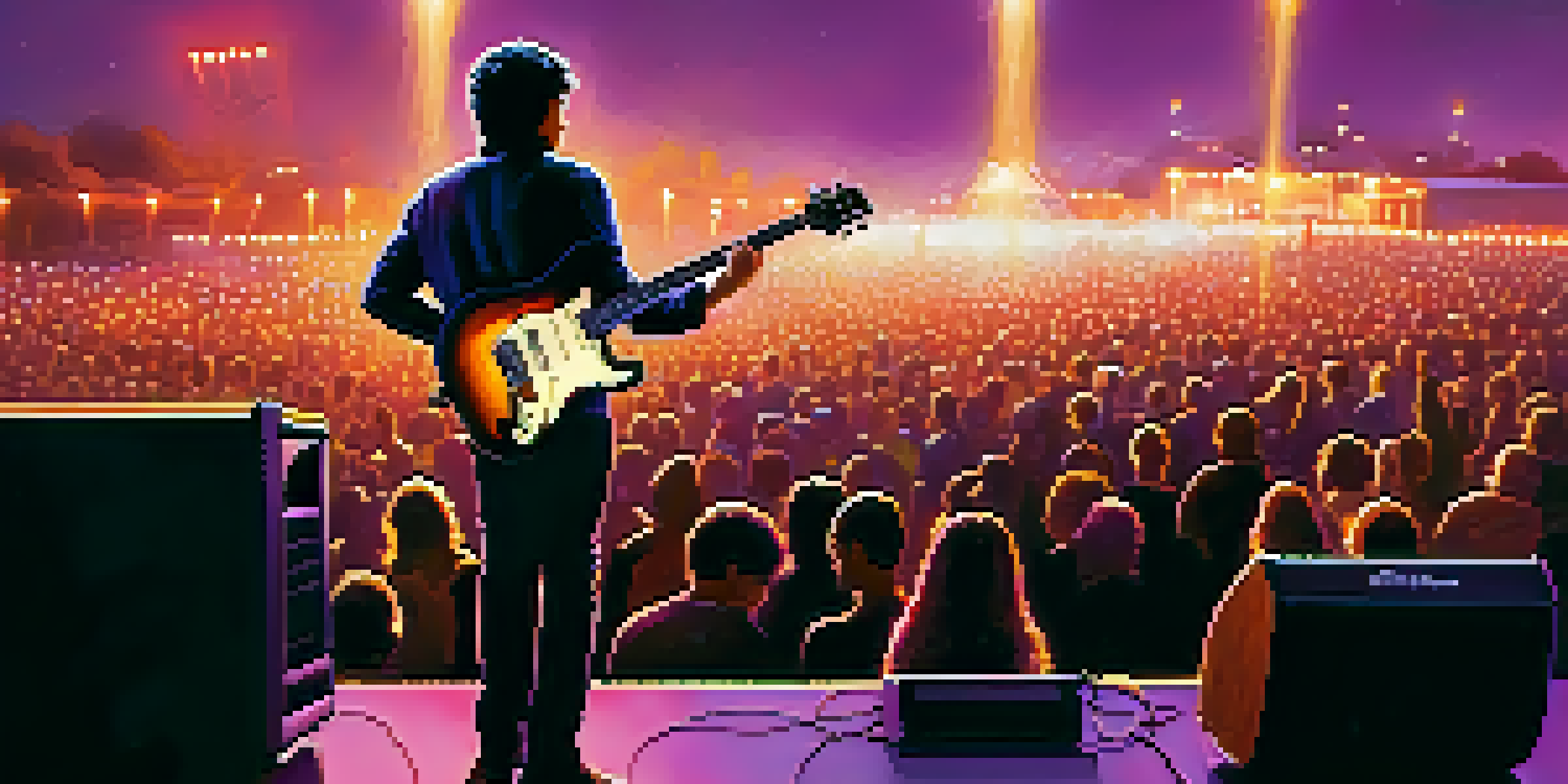 A guitarist performing at an outdoor concert with vibrant lights and an audience captivated, against a dusk sky.