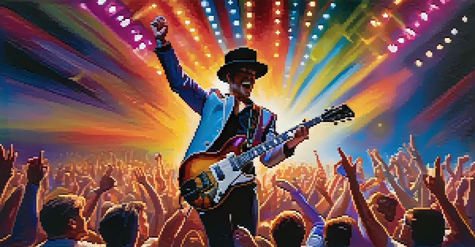 A guitarist performing passionately on stage during a live concert with colorful lights and an excited crowd.