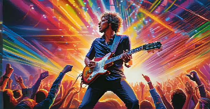 A guitarist performing on stage with colorful lights and an enthusiastic crowd, capturing the energy of a live concert.