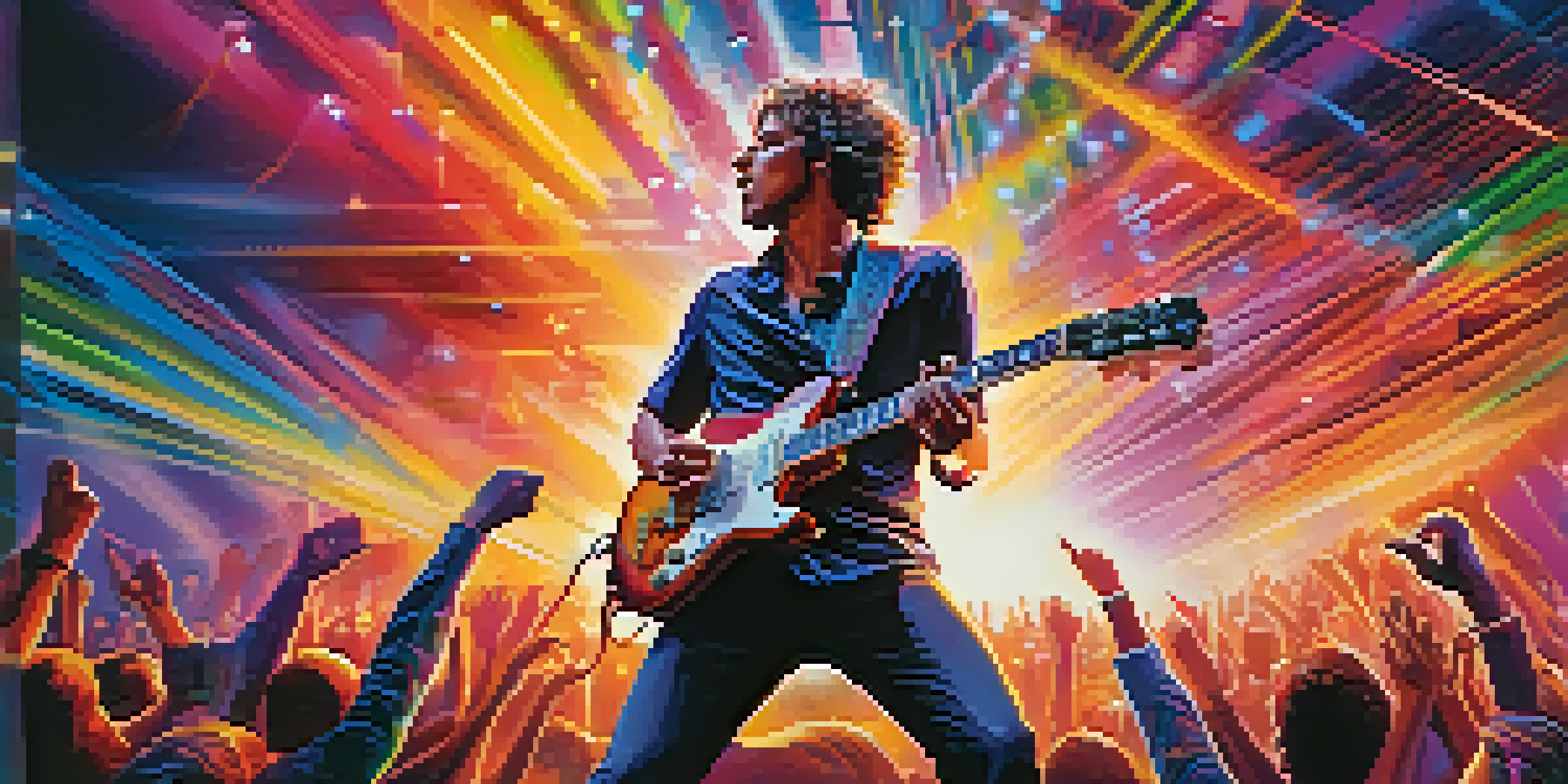 A guitarist performing on stage with colorful lights and an enthusiastic crowd, capturing the energy of a live concert.