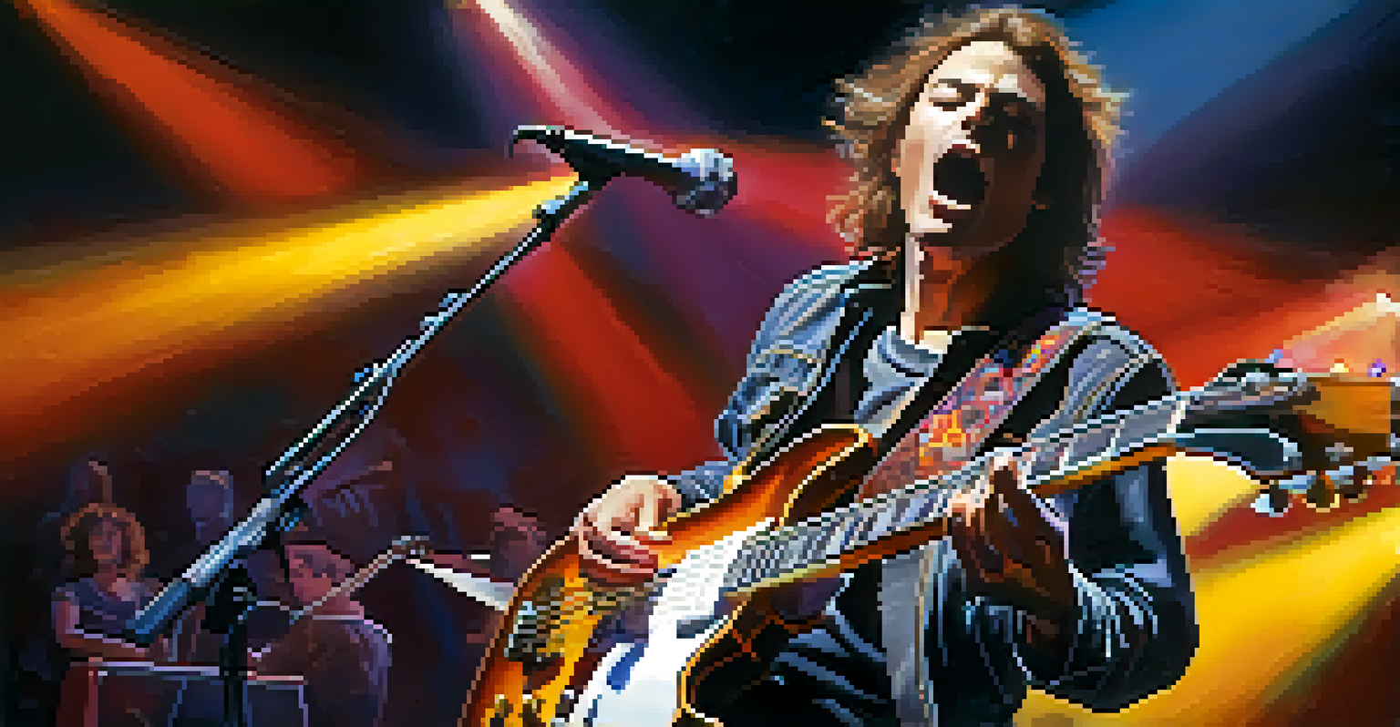 A guitarist performing on stage, with colorful lights enhancing the view of the guitar's pickups and upgrades.