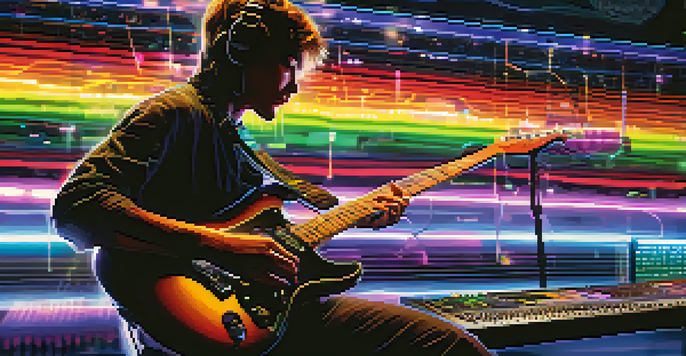 A guitarist playing an electric guitar with digital audio interfaces and colorful LED lights in the background.