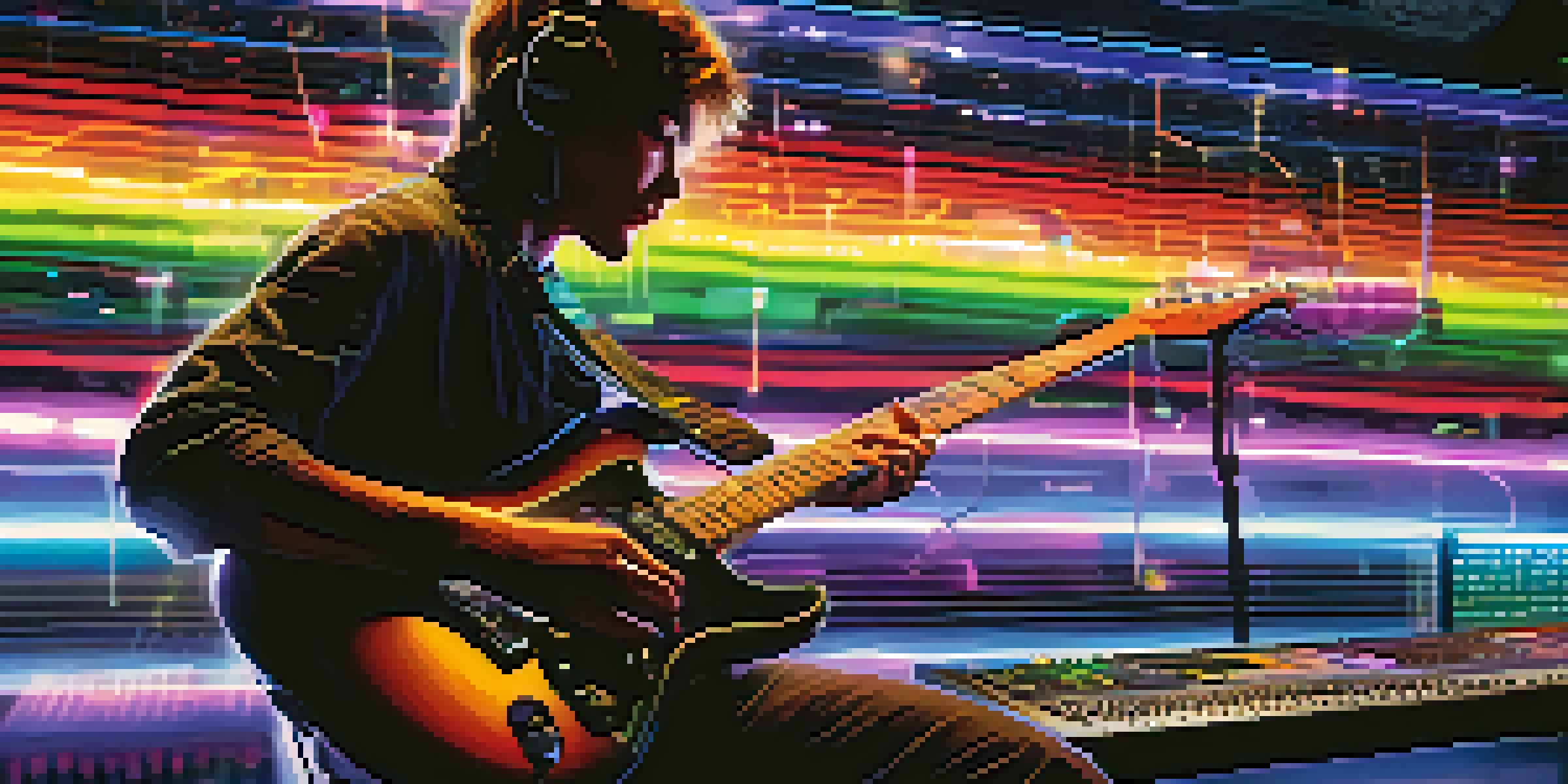 A guitarist playing an electric guitar with digital audio interfaces and colorful LED lights in the background.