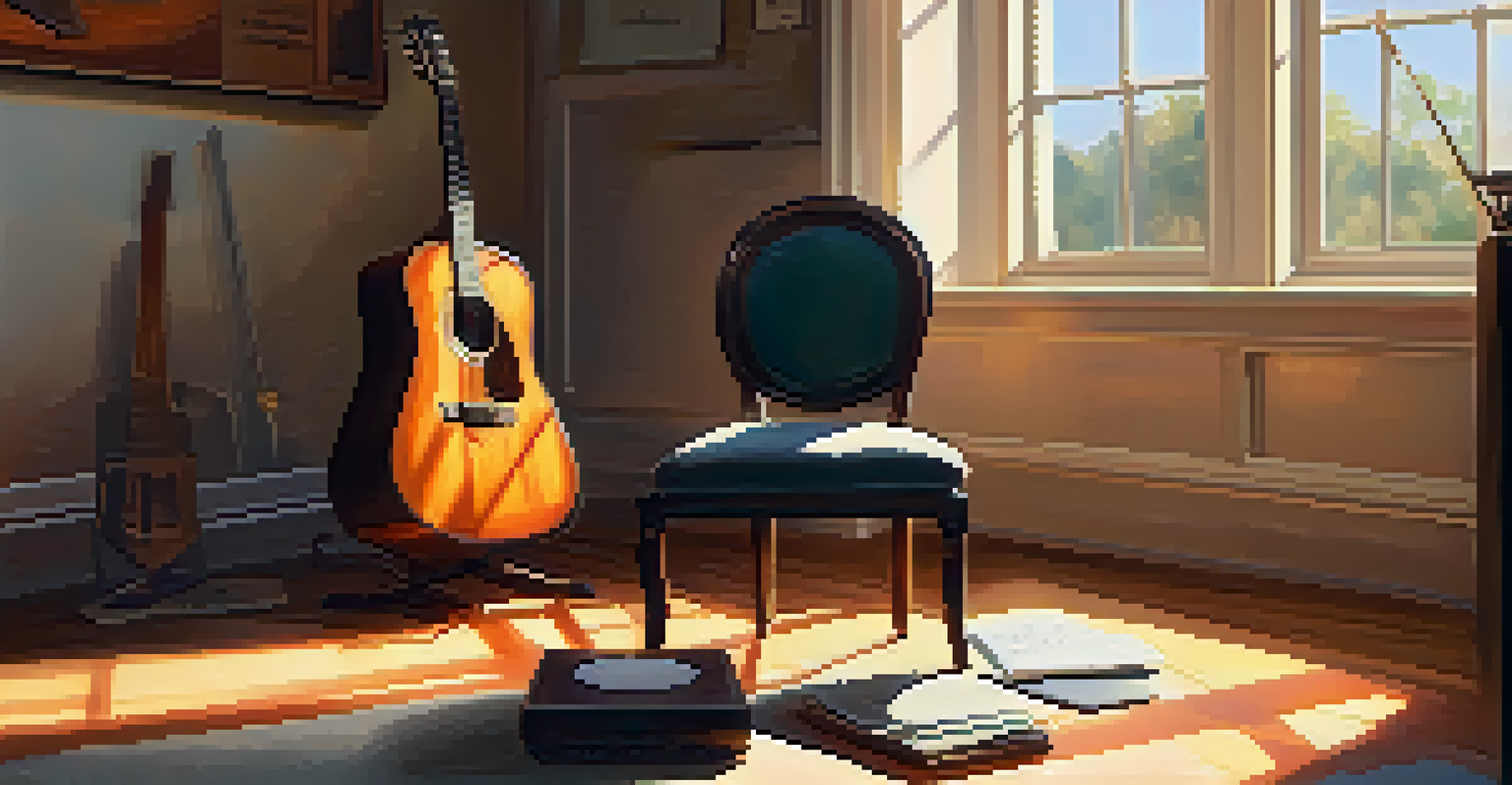 A serene practice space with a metronome, notebook, and guitar, bathed in warm sunlight, ideal for music practice.