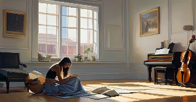 A focused young woman practicing deep breathing in a softly lit rehearsal room surrounded by musical instruments and sheets of music.