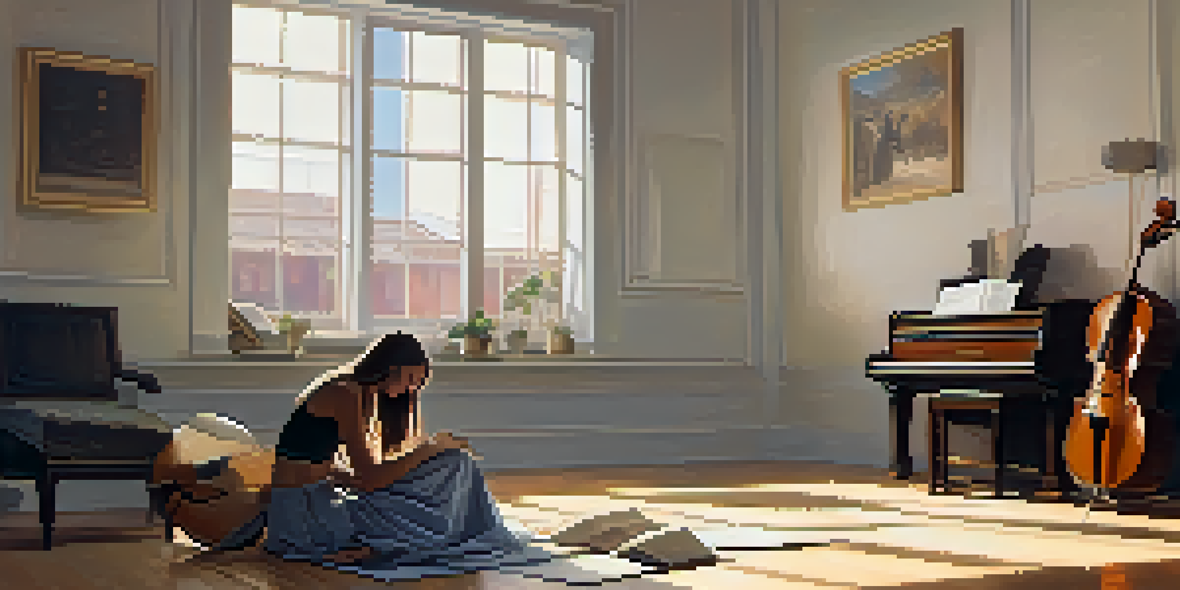 A focused young woman practicing deep breathing in a softly lit rehearsal room surrounded by musical instruments and sheets of music.