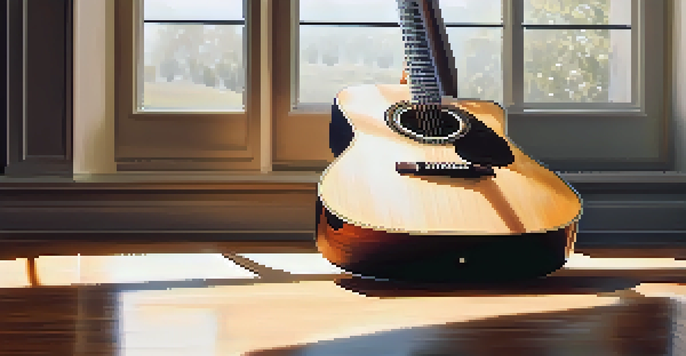 A close-up view of an acoustic guitar on a wooden table, showing its detailed wood grain and shine under soft natural light.