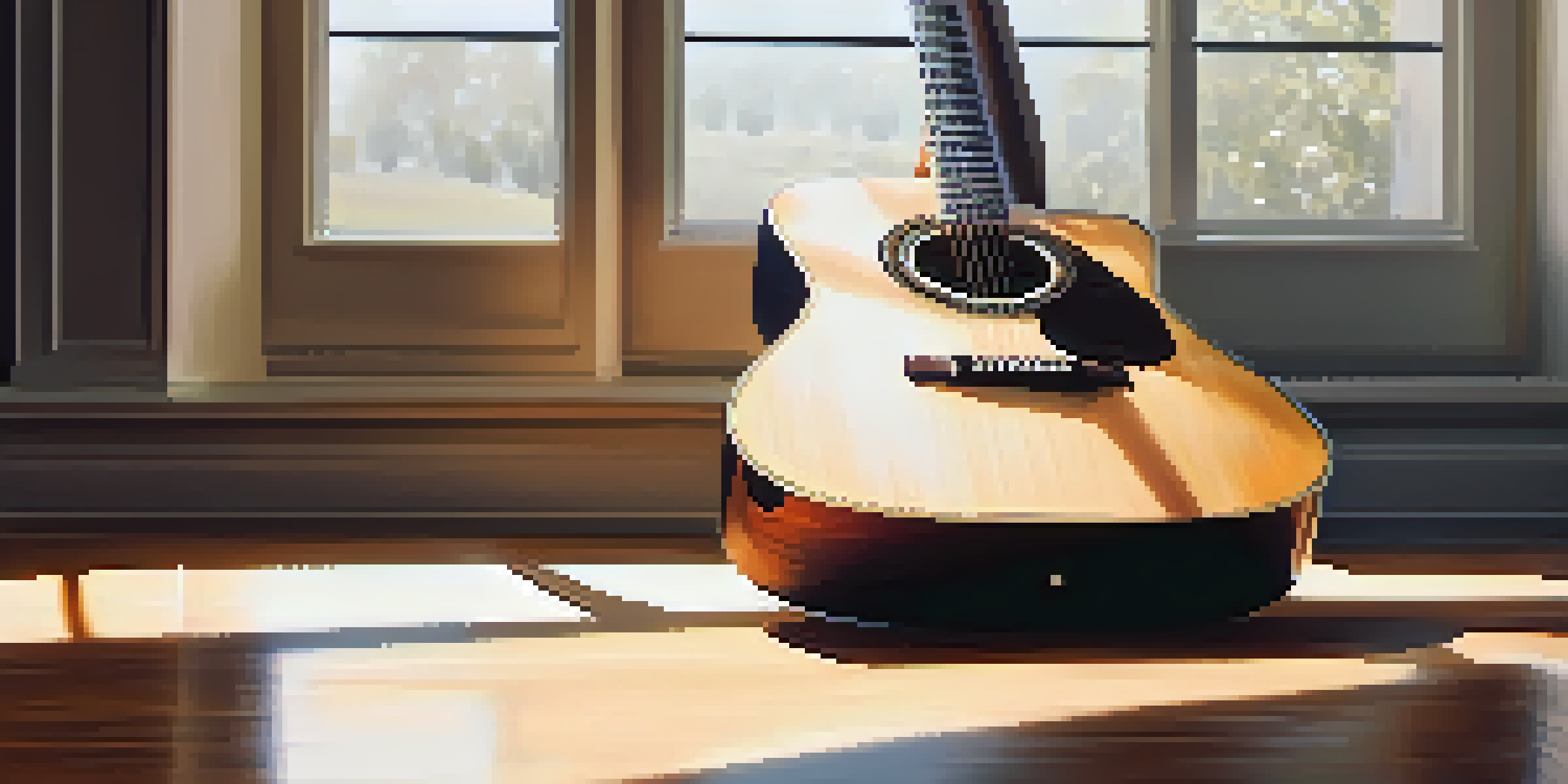 A close-up view of an acoustic guitar on a wooden table, showing its detailed wood grain and shine under soft natural light.