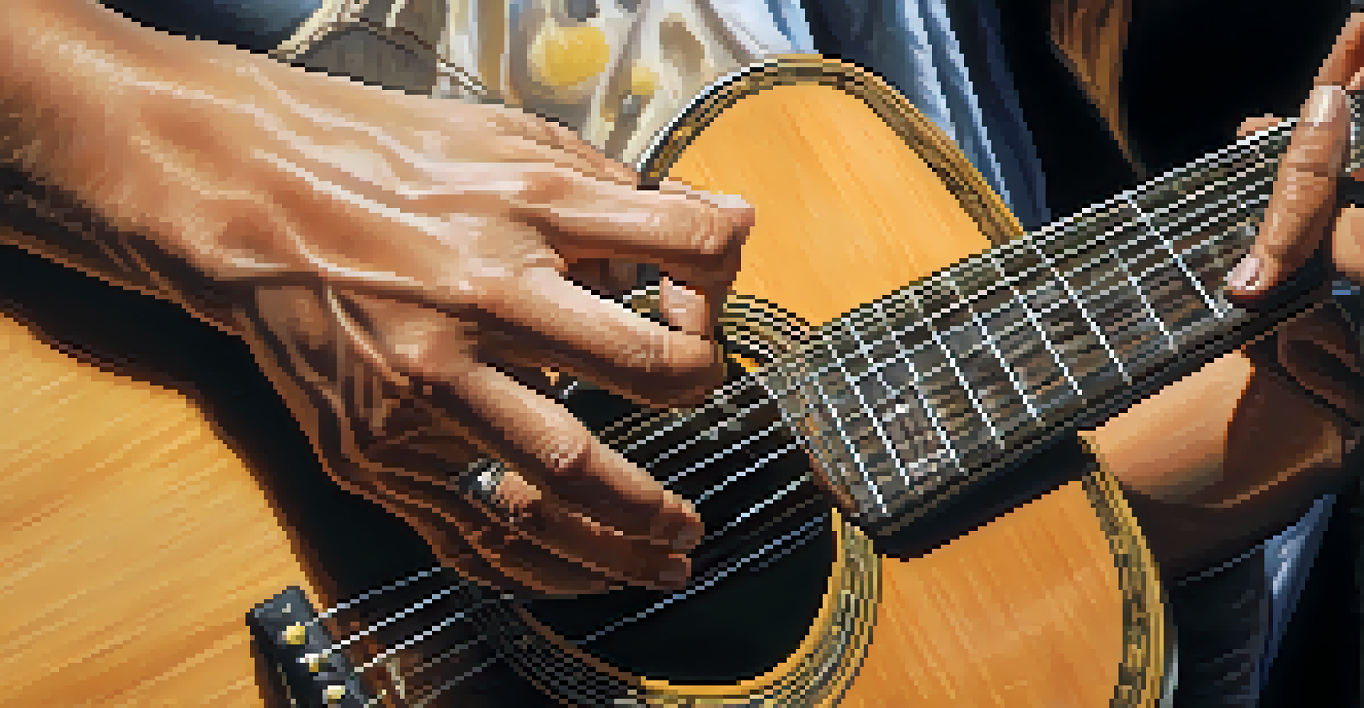 Close-up of hands playing guitar, focusing on the strings and fretboard.