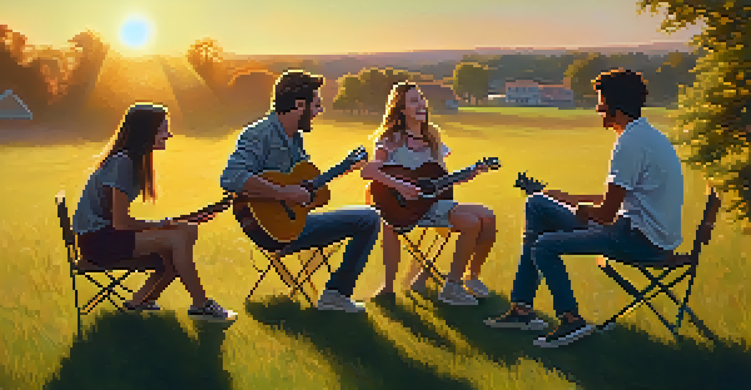 Group of friends sitting on grass, one playing guitar with a capo, enjoying music together during sunset.