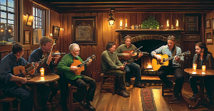 A cozy pub filled with musicians playing traditional Irish instruments, illuminated by candlelight.