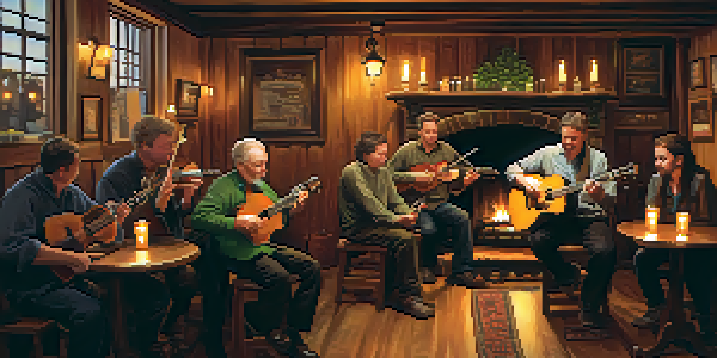 A cozy pub filled with musicians playing traditional Irish instruments, illuminated by candlelight.