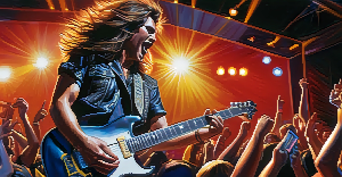 A heavy metal guitarist performing on stage with dramatic lighting and a cheering crowd in the background.