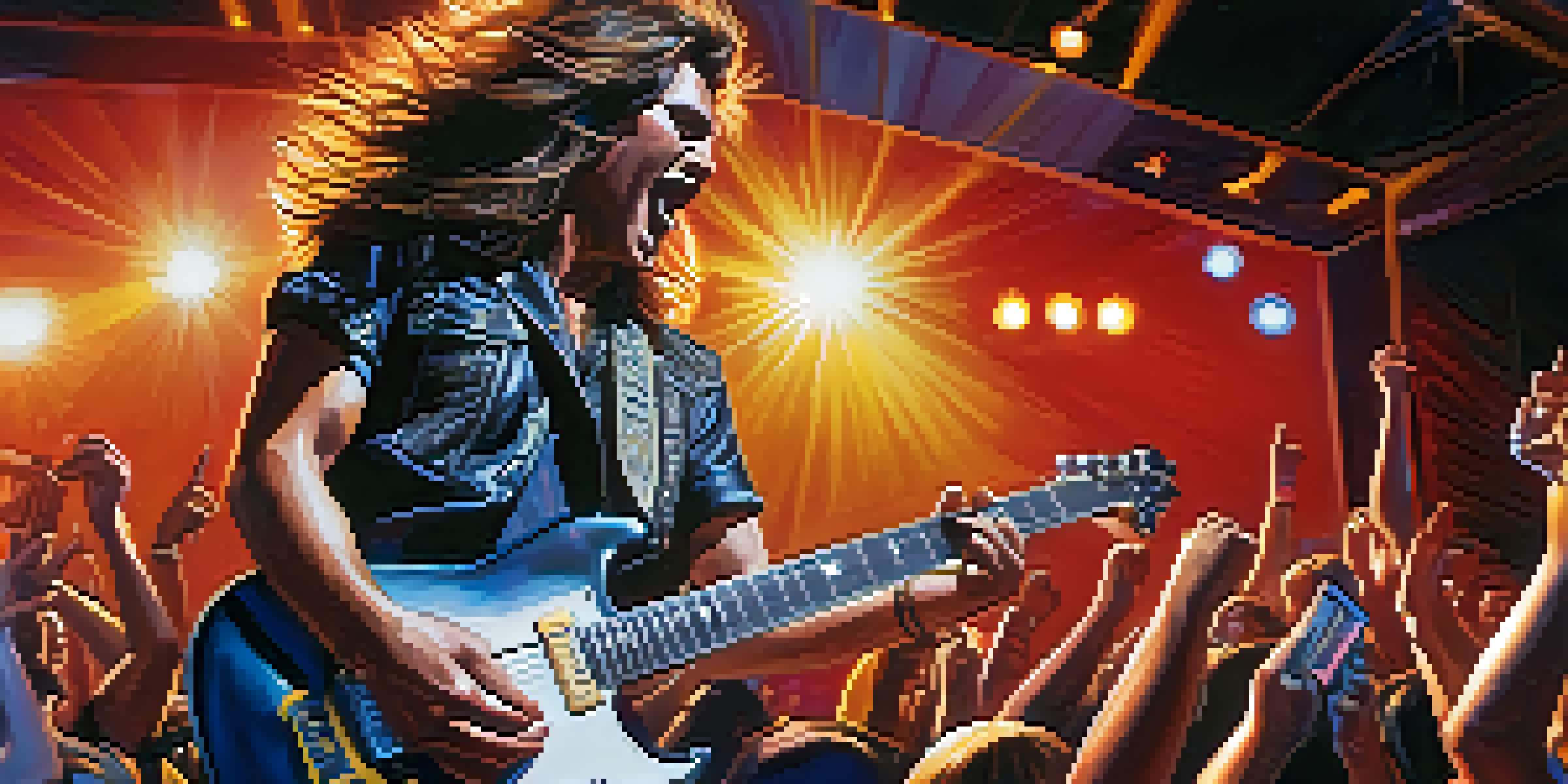 A heavy metal guitarist performing on stage with dramatic lighting and a cheering crowd in the background.