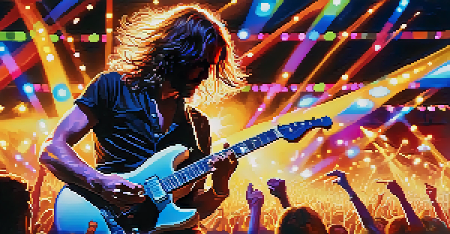 A dynamic scene of a guitarist playing on stage with vibrant lights and a cheering crowd, capturing a lively concert atmosphere.