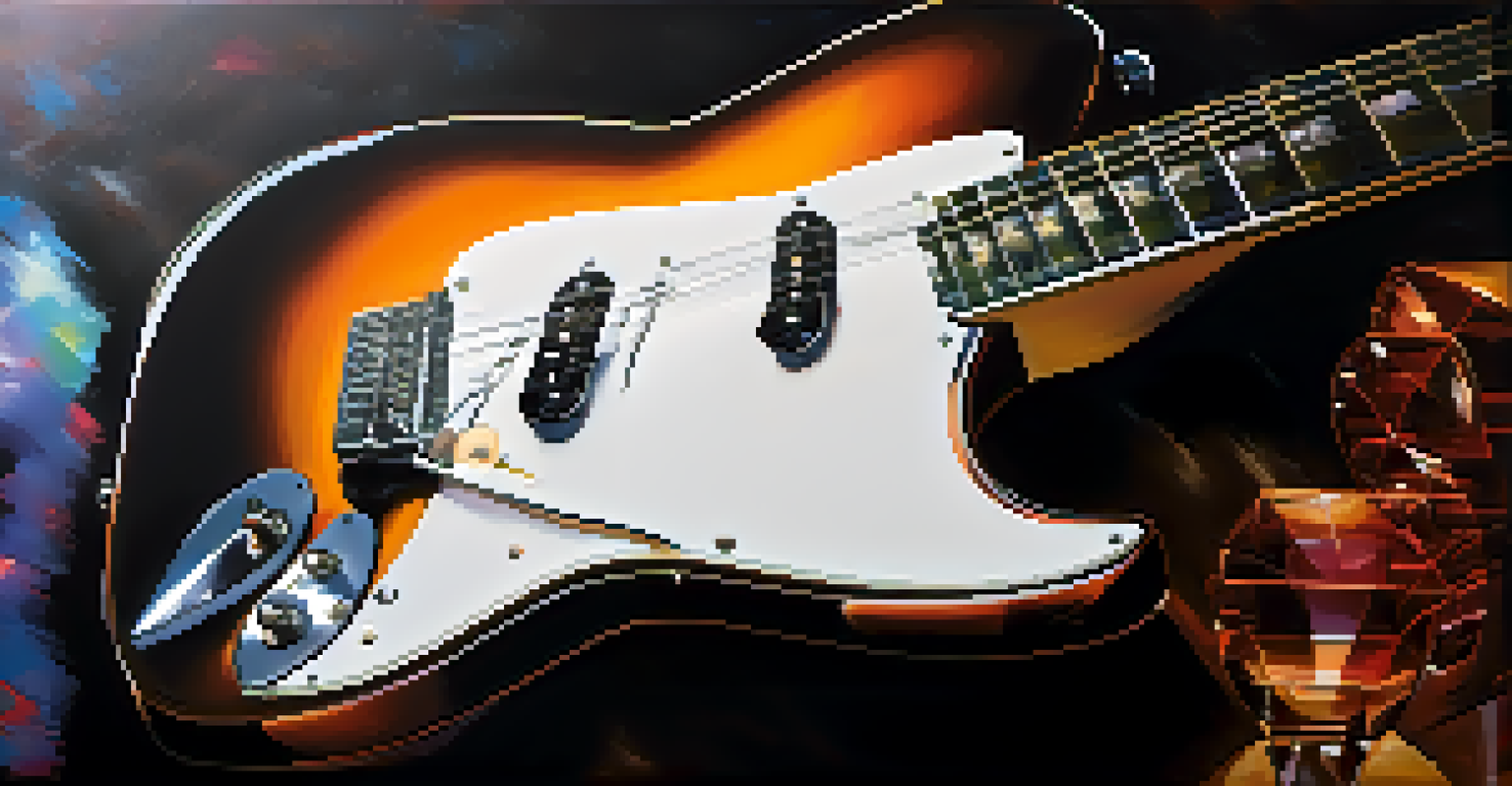 An electric guitar against a dark velvet backdrop, highlighting its shiny polyurethane finish and sleek design.