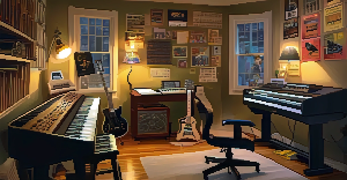 A musician working in a cozy home studio with guitars and a keyboard, focused on a laptop under warm lighting.