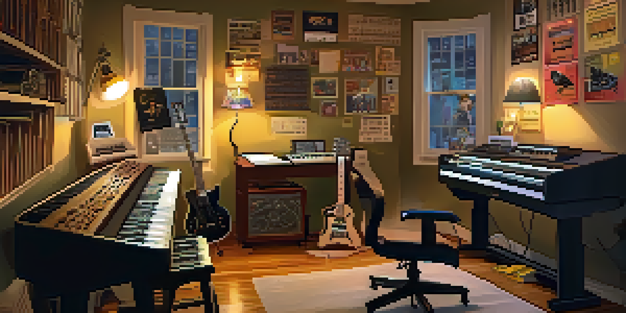 A musician working in a cozy home studio with guitars and a keyboard, focused on a laptop under warm lighting.