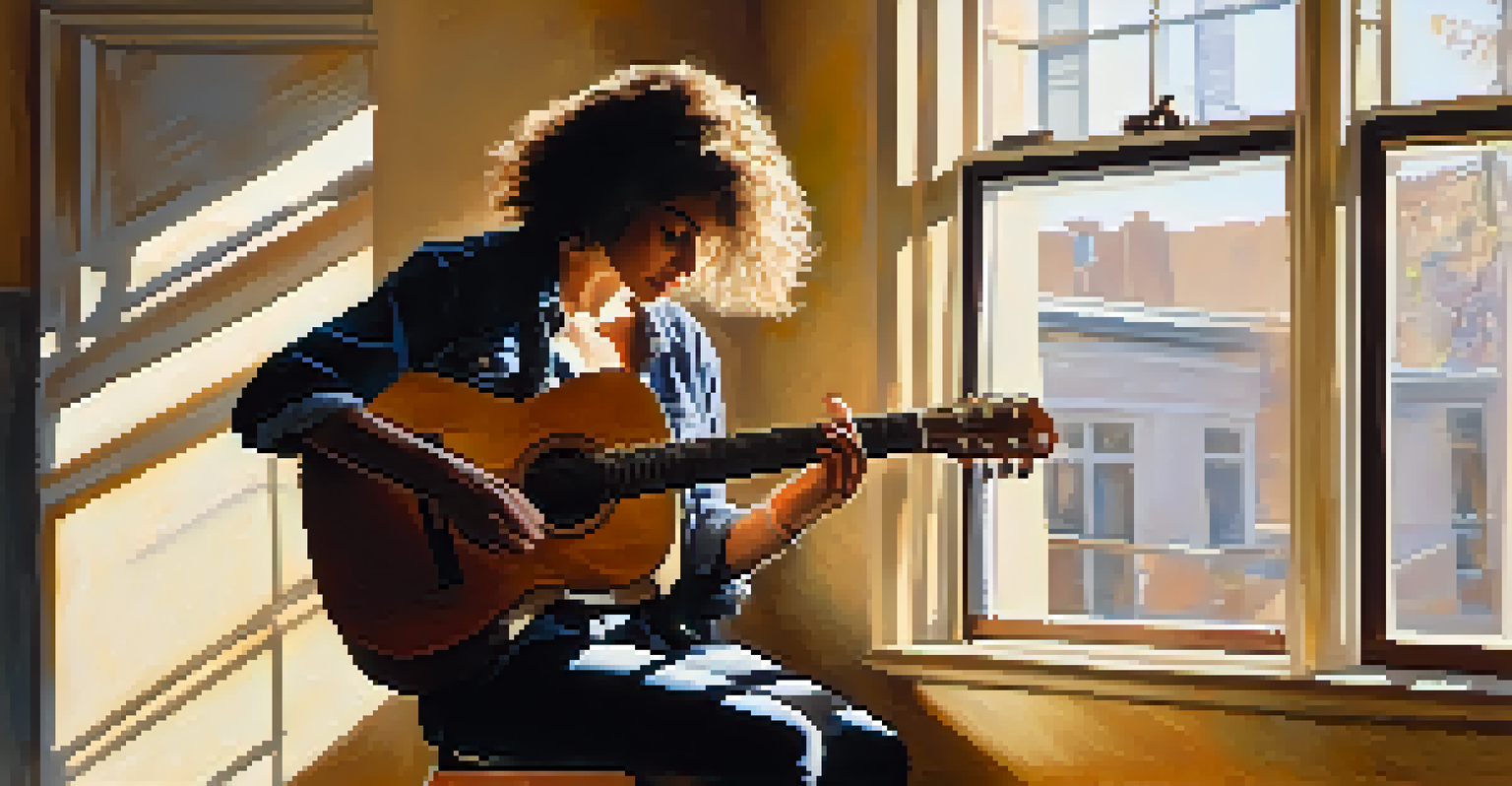 A guitarist practicing in a sunlit room, with a notebook filled with notes beside them, surrounded by warm light.