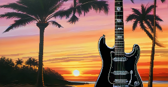 A close-up of an electric guitar with a sunset background, featuring palm tree silhouettes.