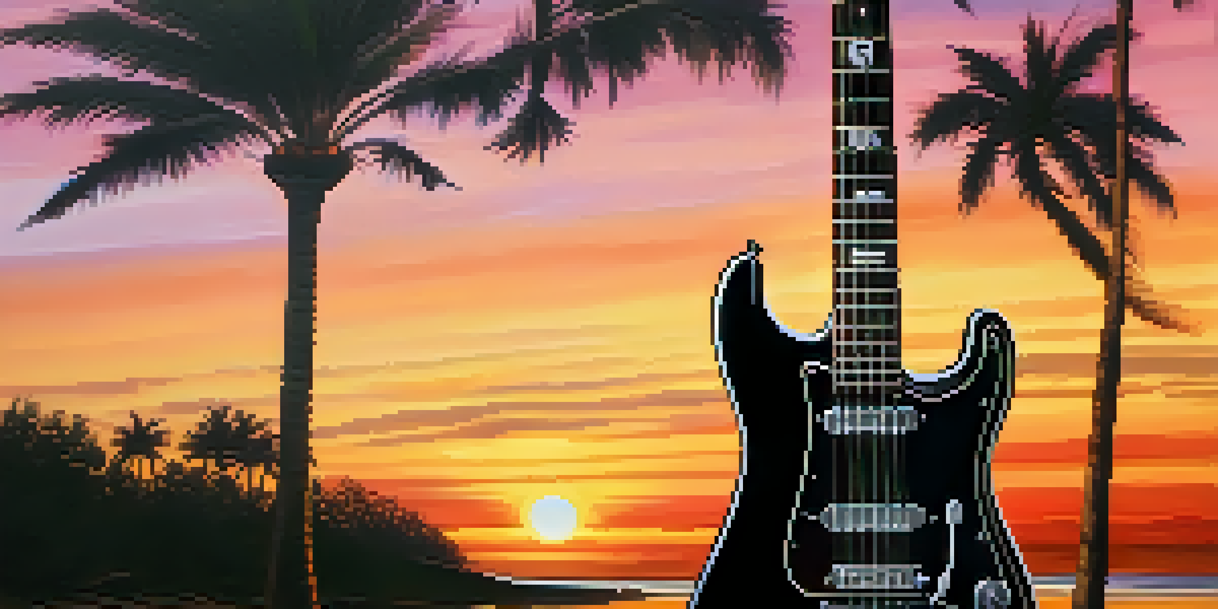 A close-up of an electric guitar with a sunset background, featuring palm tree silhouettes.