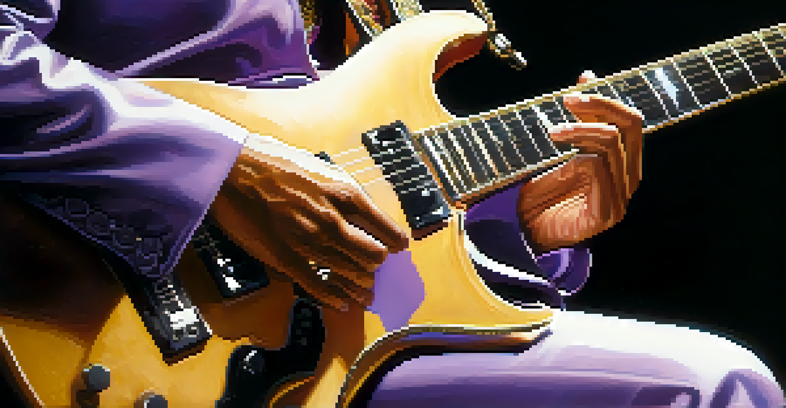 A close-up of Prince's hands playing a guitar with intricate fingerpicking, illuminated by soft colors in the background.