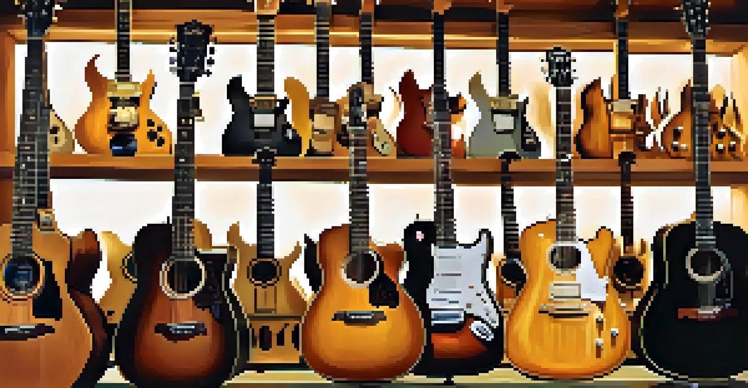 An assortment of different guitar models in a music store, highlighting smaller-bodied guitars and narrow necks.