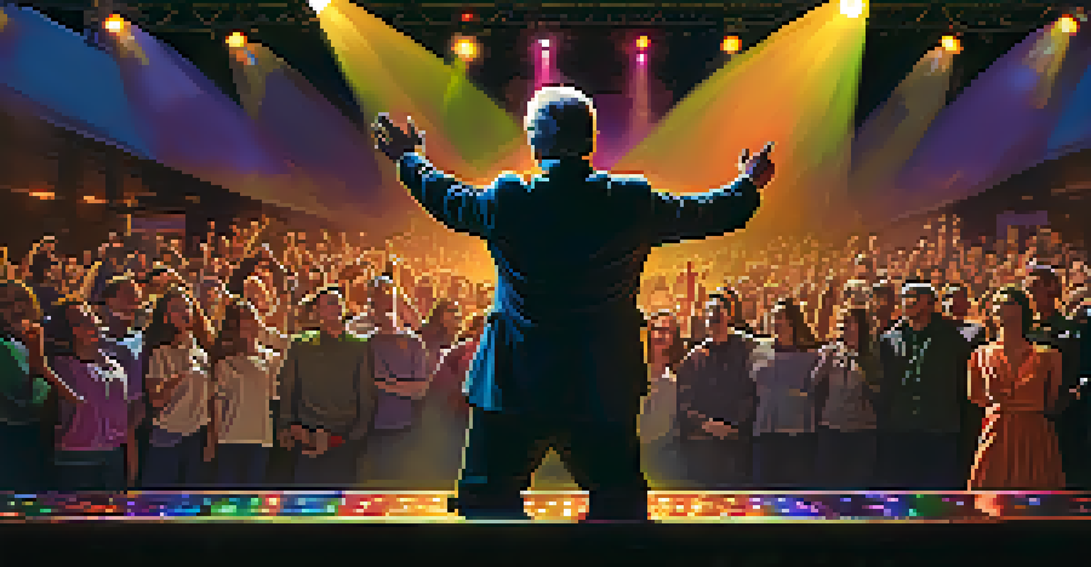 A confident middle-aged man performing on stage under warm lights, engaging with an audience.