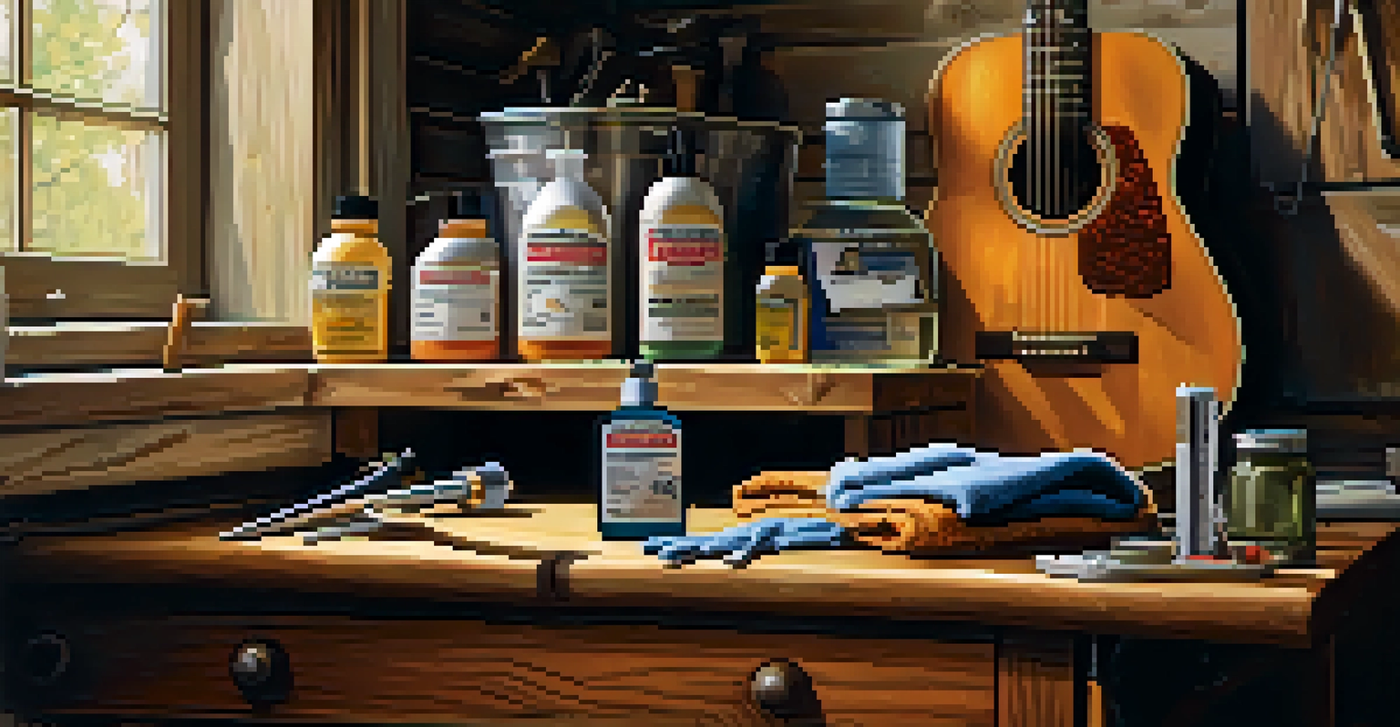 A guitar maintenance station with cleaning supplies and a guitar on a rustic workbench, illuminated by natural light.