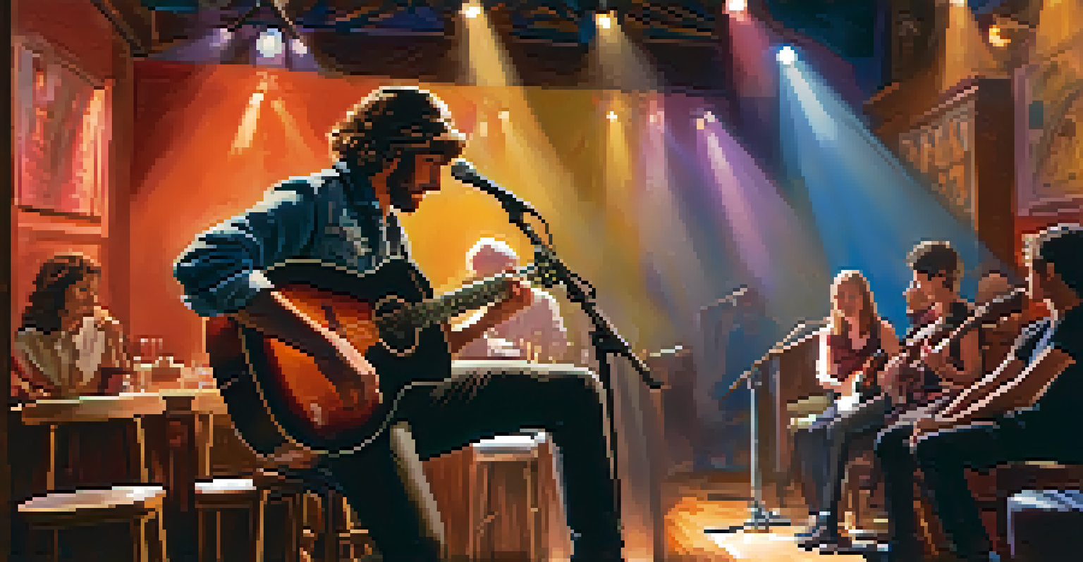 An artist performing with a guitar in a small venue, surrounded by an engaged audience and warm lighting.