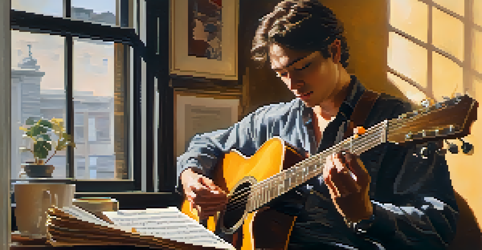 A guitarist in a cozy practice space, surrounded by music sheets and a metronome, demonstrating warm-up exercises with soft, golden lighting.