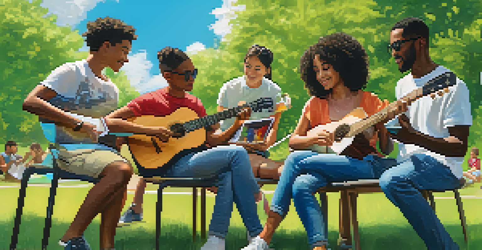 A group of friends practicing guitar together in a park, with one using a tablet to follow a learning app, surrounded by nature.