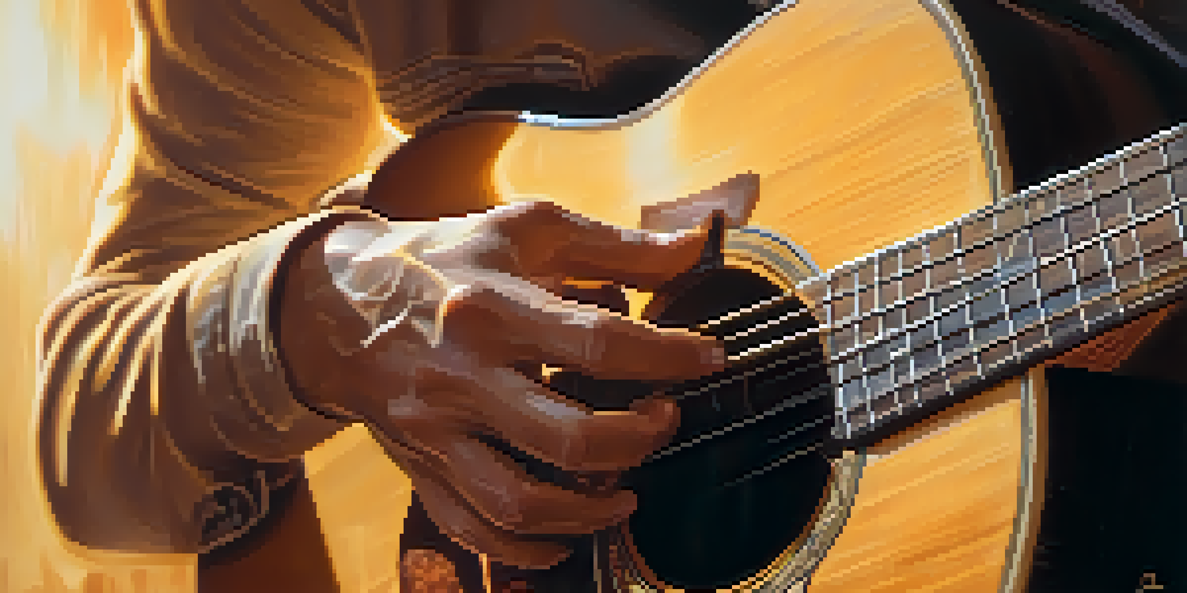 A guitarist's hands strumming an acoustic guitar, illuminated by warm light, showcasing the motion of the strumming hand and the guitar's texture.
