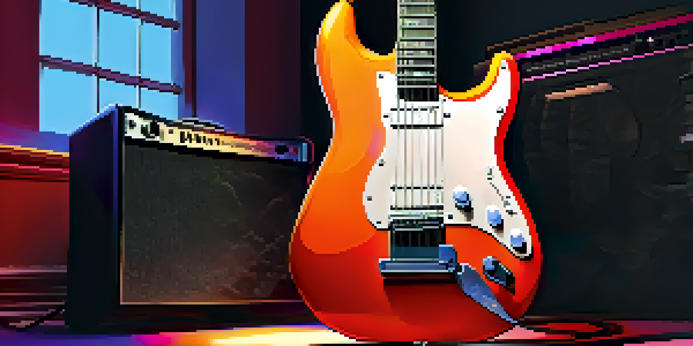 An electric guitar next to an amplifier in a dim room with colorful lighting and scattered sheet music.
