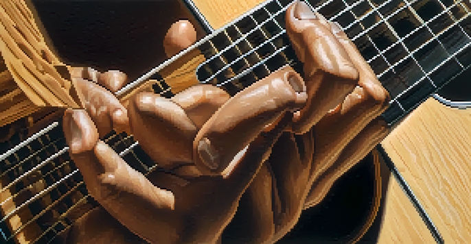 A close-up of a guitarist's hands playing an acoustic guitar with intricate fingerpicking techniques under warm lighting.