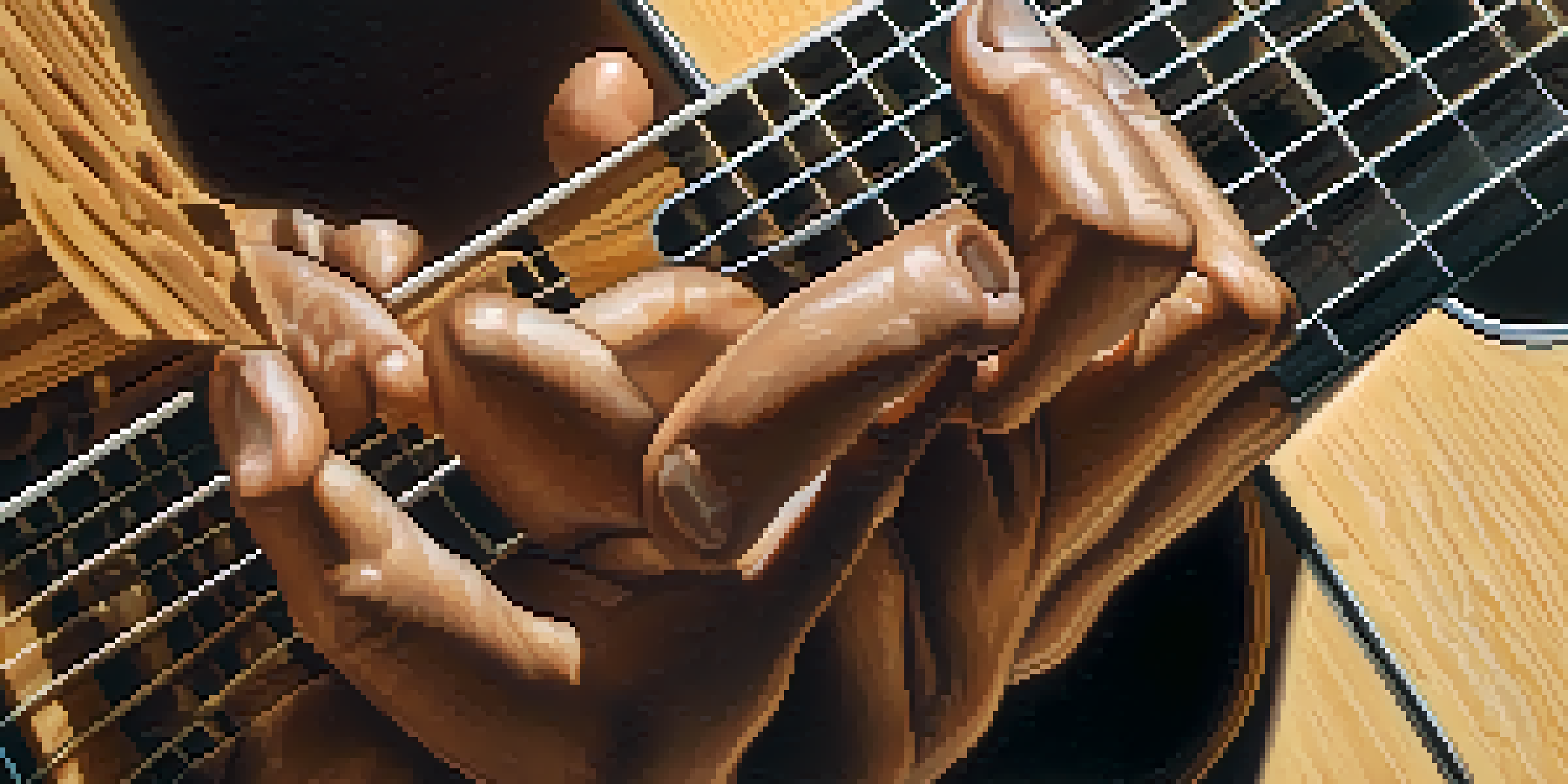 A close-up of a guitarist's hands playing an acoustic guitar with intricate fingerpicking techniques under warm lighting.
