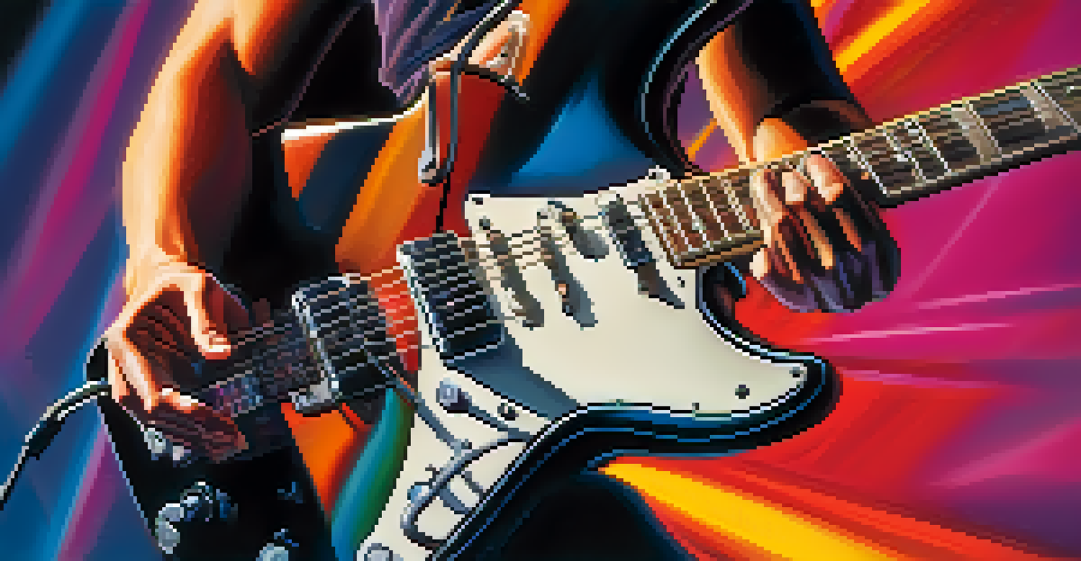 An artist's hands playing an electric guitar on stage, surrounded by colorful lights, showcasing the energy of a live performance.