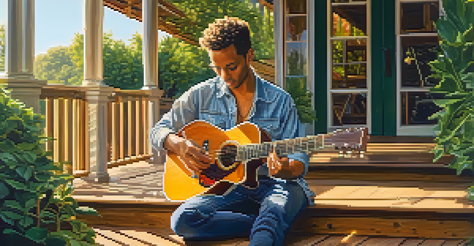 A guitarist on a porch playing slide guitar, surrounded by greenery, with warm sunlight creating a golden hour glow.