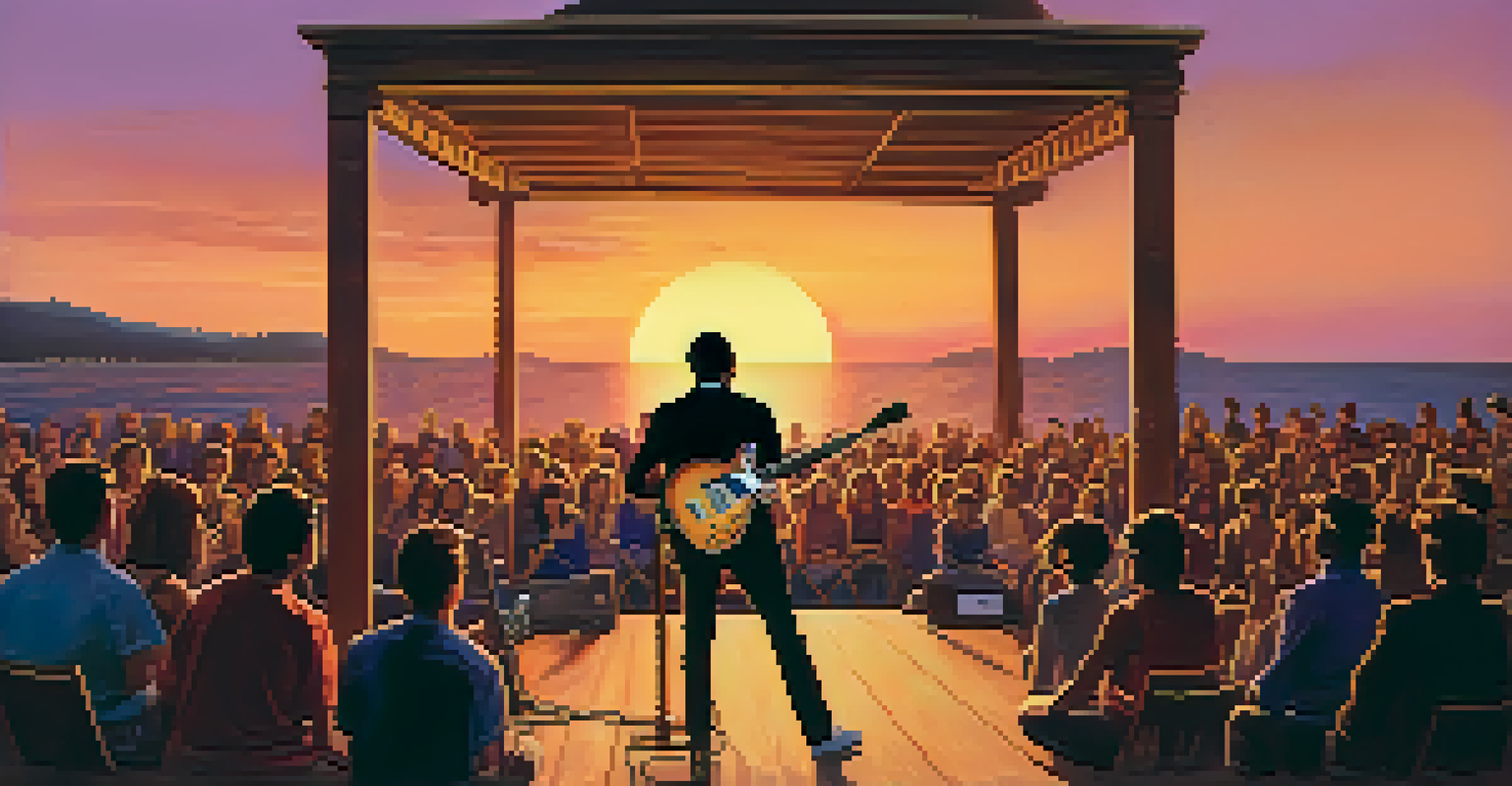 A guitarist performing on stage at sunset with an engaged audience, showing signs of tension but also determination.