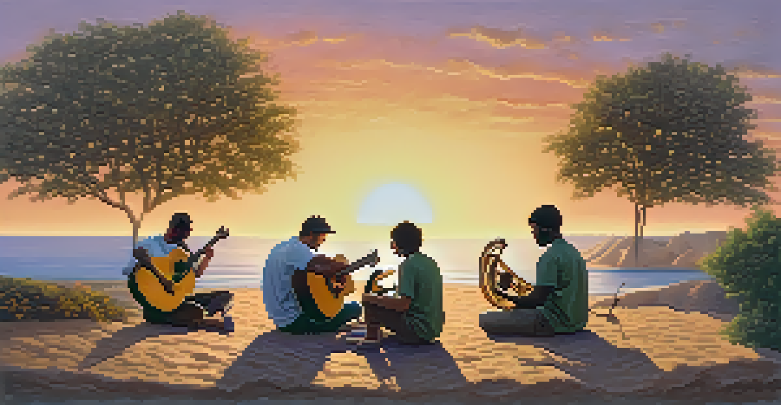 A group of musicians playing acoustic guitars in a circle outdoors during sunset, with warm colors illuminating the scene and creating a joyful atmosphere.