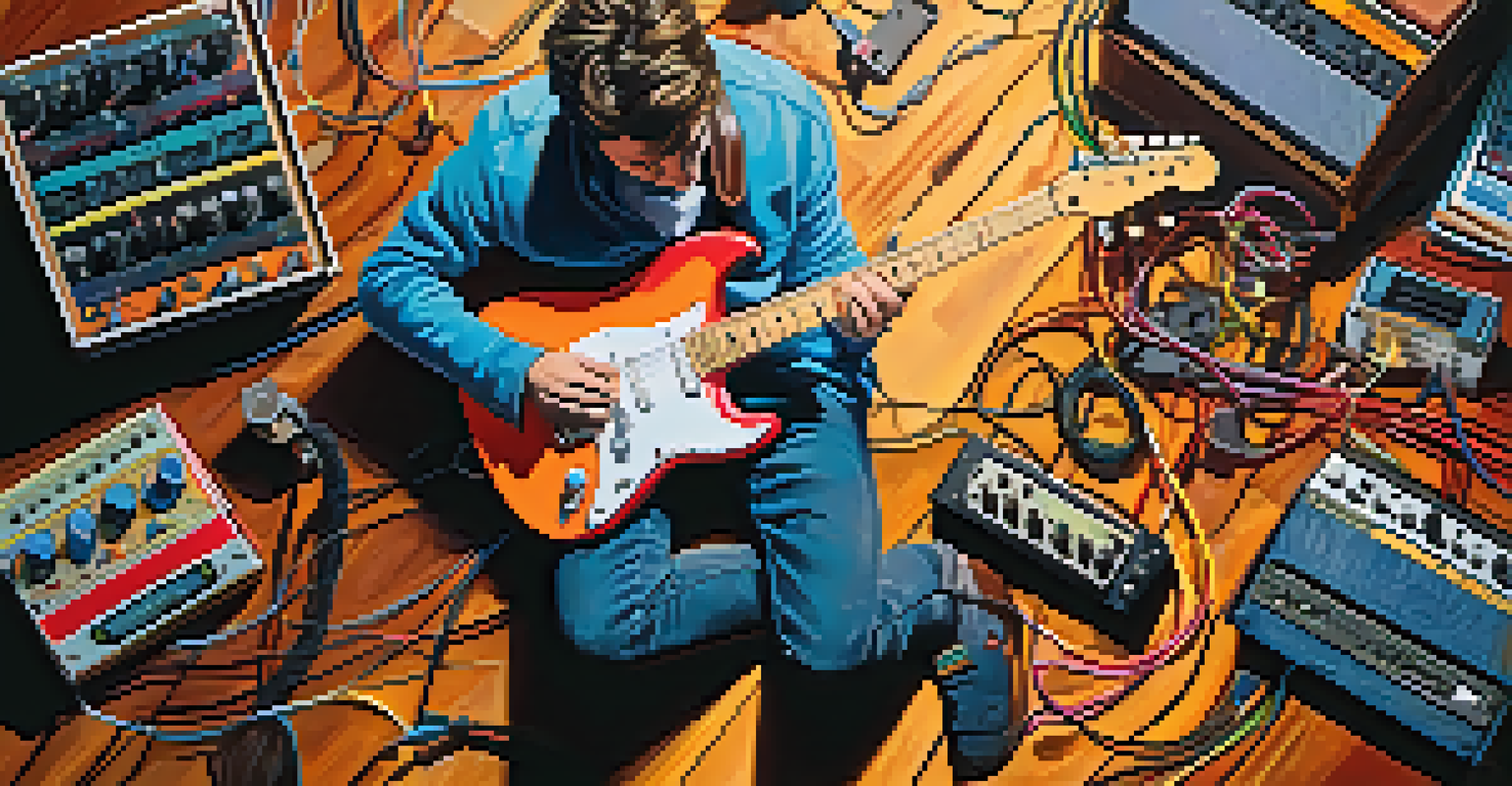 An overhead view of a musician playing guitar with effects pedals, surrounded by colorful cables and pedals in a sunlit room.