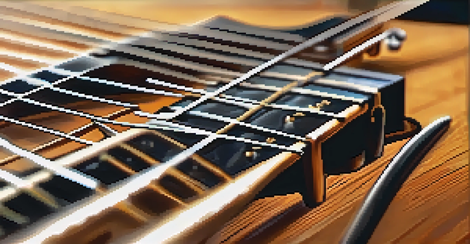 A detailed close-up of a guitar fretboard with fingers forming a major third interval, illuminated by warm lighting.